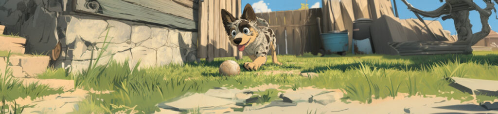 Dog playing with an old ball in a rustic yard